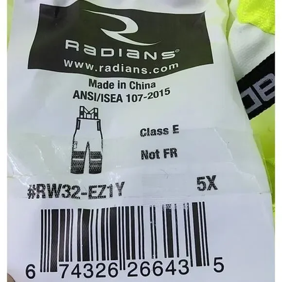 New NWT Radians Reflectivz High Visibility Bibs Overalls Size 5X Waterproof